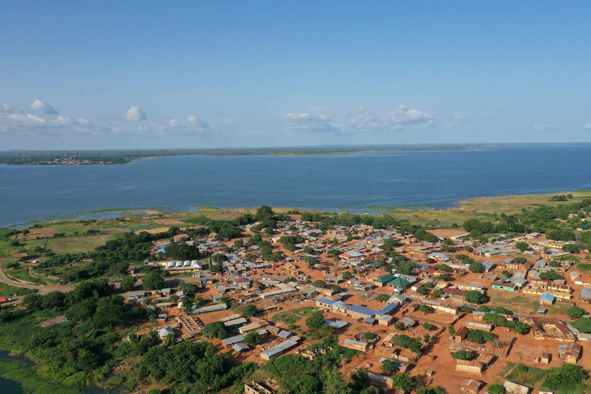 Aerial view of a village near water