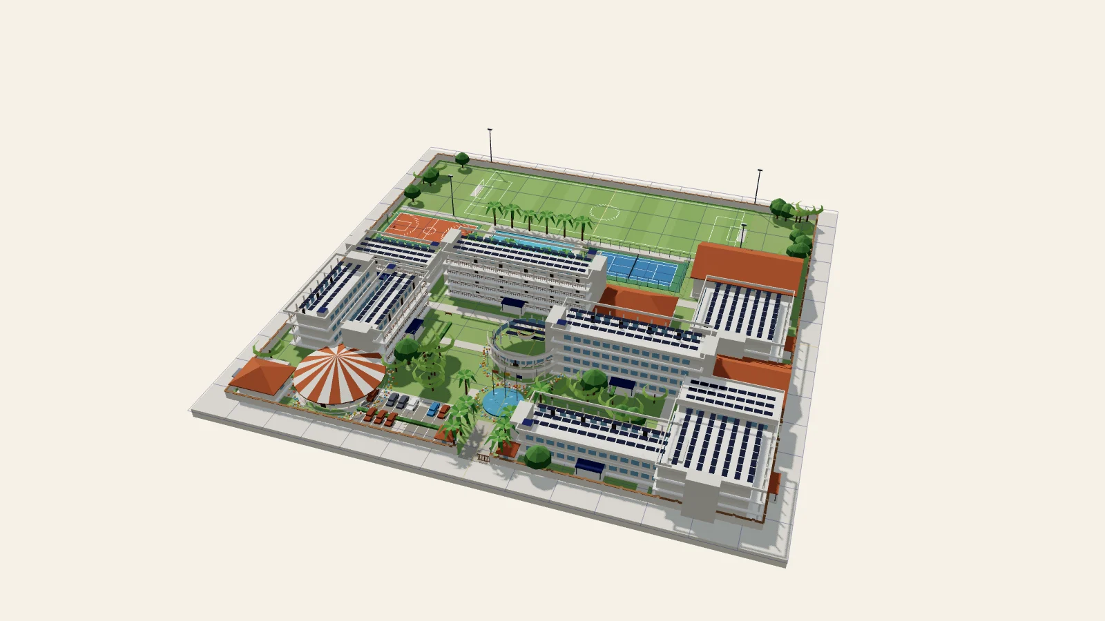Architectural model of the Veccel International Community School campus at Kopodor: classroom blocks, a round administration building, the preschool pavilion, hostels and sports fields set in lawns and trees.